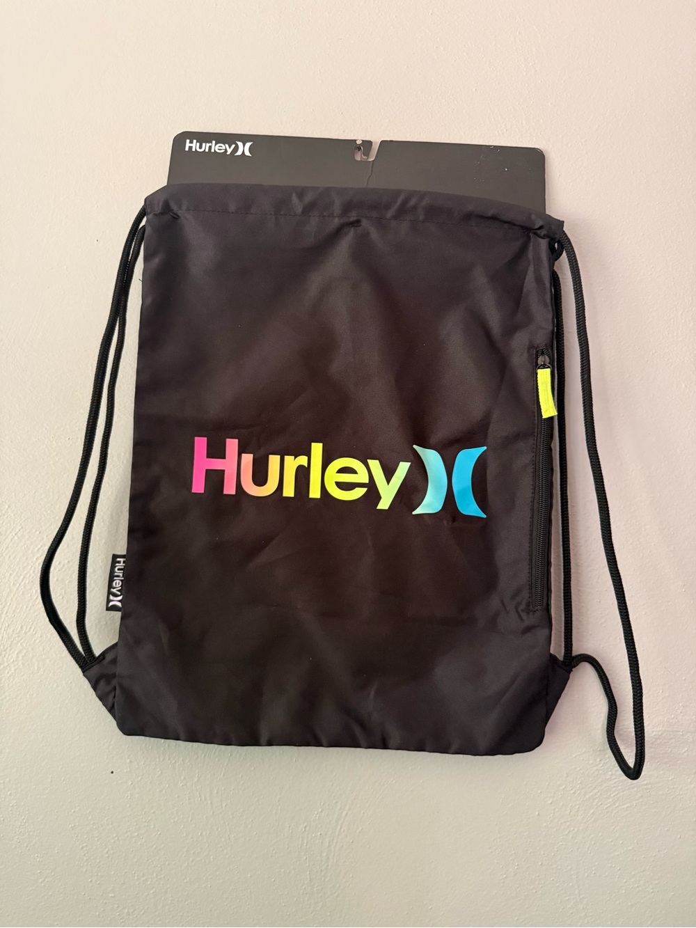 Hurley Black Drawstring Backpack with Pink, Yellow & Blue Logo